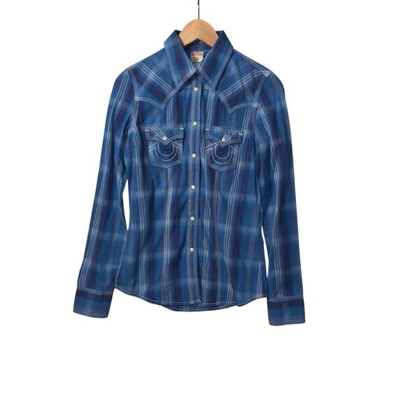 True Religion Top Womens XS Blue Plaid Pearl Snap Yoked Western Rodeo Riding - Picture 4 of 16